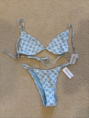 PacSun Light Blue and White Checkerboard Bikini Set